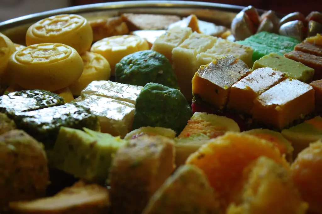 A tray of assorted Indian sweets prepared for Diwali
