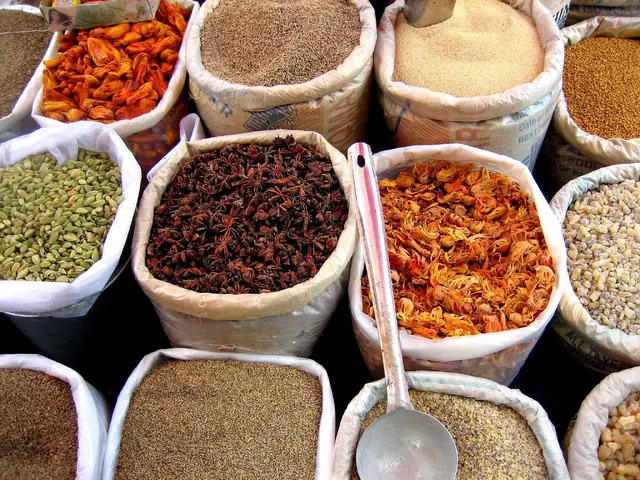 Open sacks of Indian spices at a market