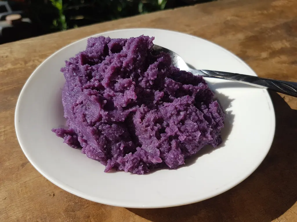 Mashed purple yam (ube) on a plate